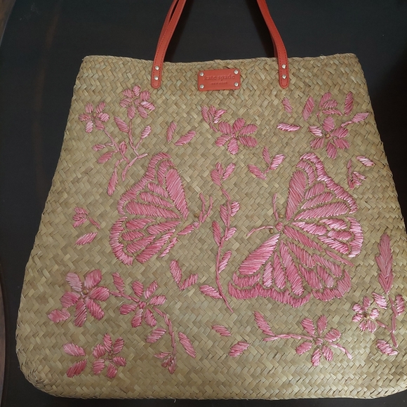 kate spade Handbags - Kate Spade RARE NWT 57/100 made. Pink Butterflies Woven Straw Tote.